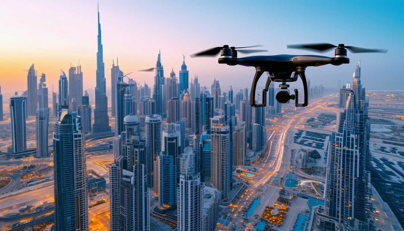 A drone flying over the stunning skyline of Dubai,